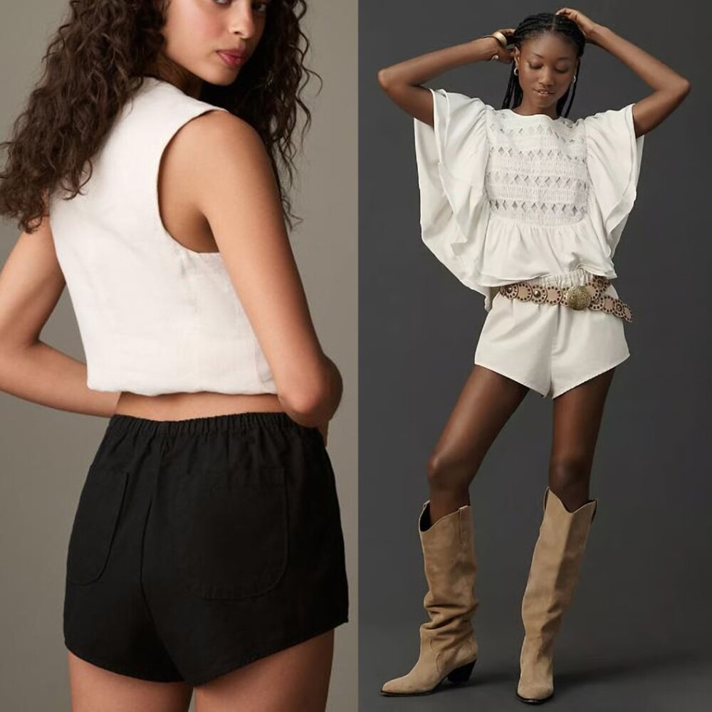 { LOT OF 2 } Linen Anthropologie Tap Shorts - Cream & Black - S Small 4 6